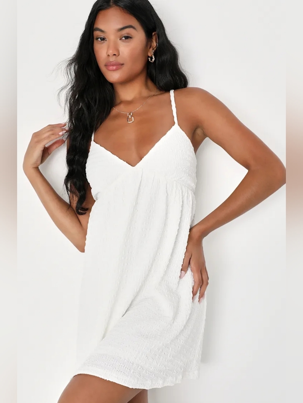 Lulus Sweetie Status White Crinkle Sleeveless Tie-Back Babydoll Dress Small NWT